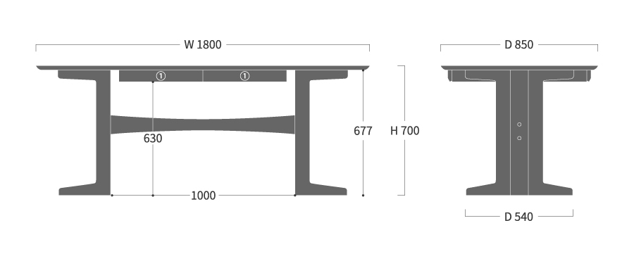 DT-10 テーブル 180 引出し付寸法図