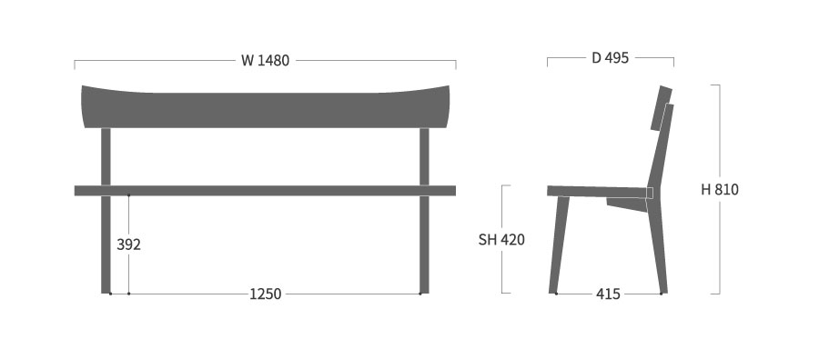 飛騨の匠工房 背付きベンチ 148寸法図