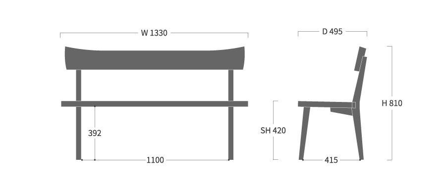 飛騨の匠工房 背付きベンチ 133寸法図