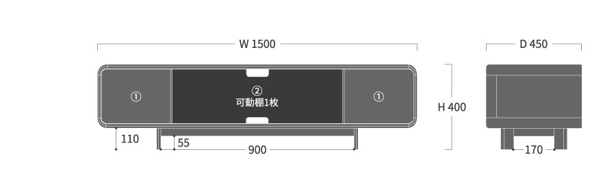 RAPT TVボード フラップ扉150寸法図